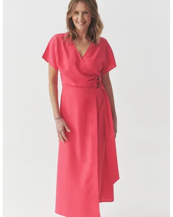 Rochie midi din amestec de lyocell cu maneci scurte, Roz aprins