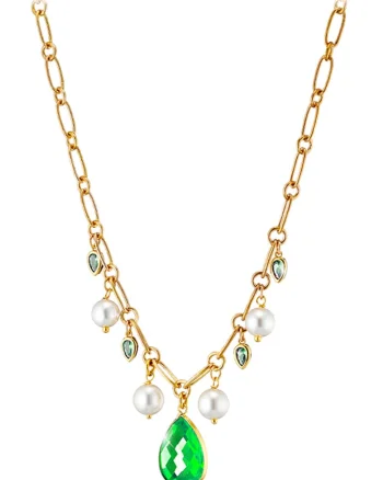 Colier placat cu aur de 18K cu zirconia, Auriu, Alb murdar, Auriu/Verde deschis/Alb murdar