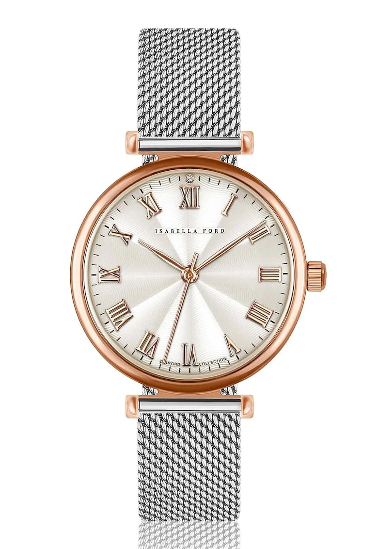 Ceas quartz decorat cu un diamant, Auriu rose/Argintiu