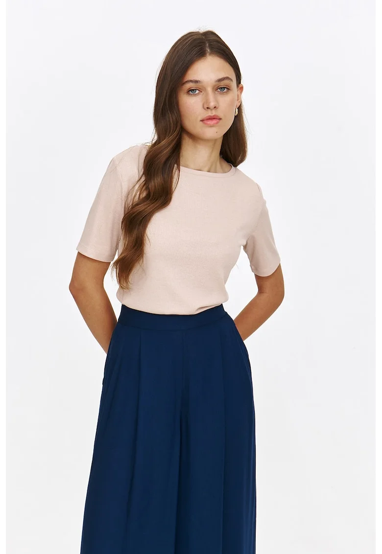Tricou striat cu decolteu la baza gatului, Bej melange