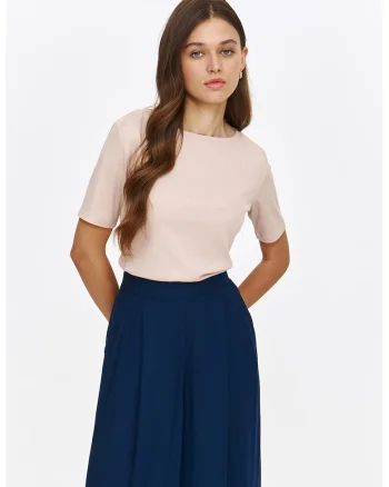 Tricou striat cu decolteu la baza gatului, Bej melange