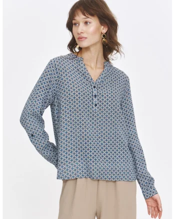Bluza cu model si decolteu in V, Alb/Albastru inchis