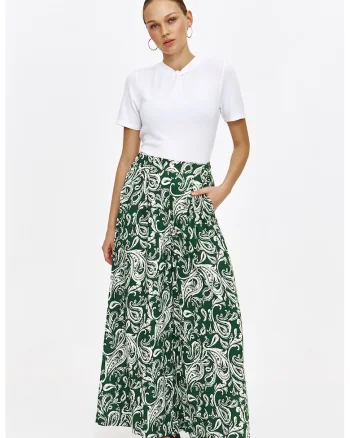 Pantaloni culotte cu model, Alb/Verde inchis