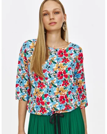 Bluza cu model floral si maneci medii, Rosu/Maro nisip/Albastru deschis