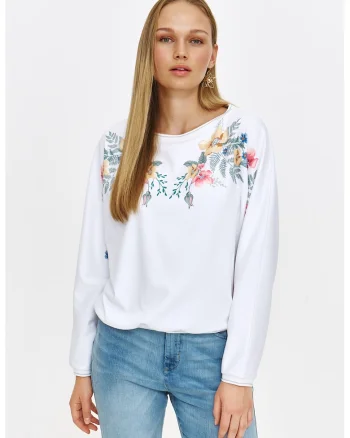 Bluza de trening cu imprimeu floral, Maro nisip/Alb optic/Verde persan