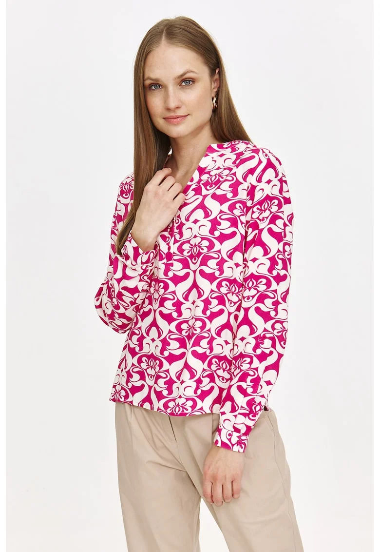 Bluza cu model si decolteu in V, Fucsia/Alb murdar