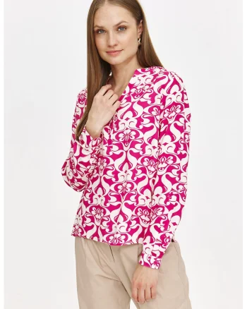 Bluza cu model si decolteu in V, Fucsia/Alb murdar