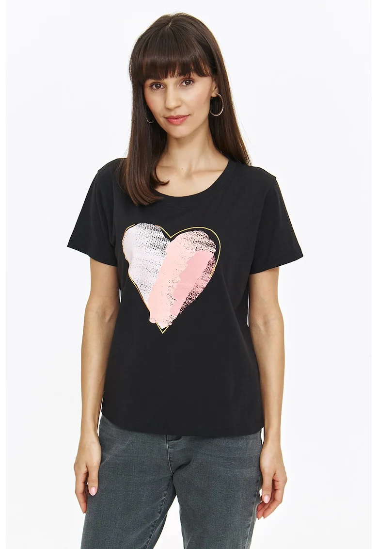 Tricou de bumbac cu imprimeu cu inimi, Alb/Negru/Roz