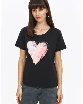 Tricou de bumbac cu imprimeu cu inimi, Alb/Negru/Roz