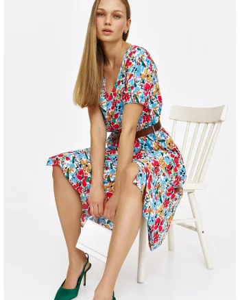 Rochie midi cu imprimeu floral, Rosu/Alb murdar/Albastru deschis