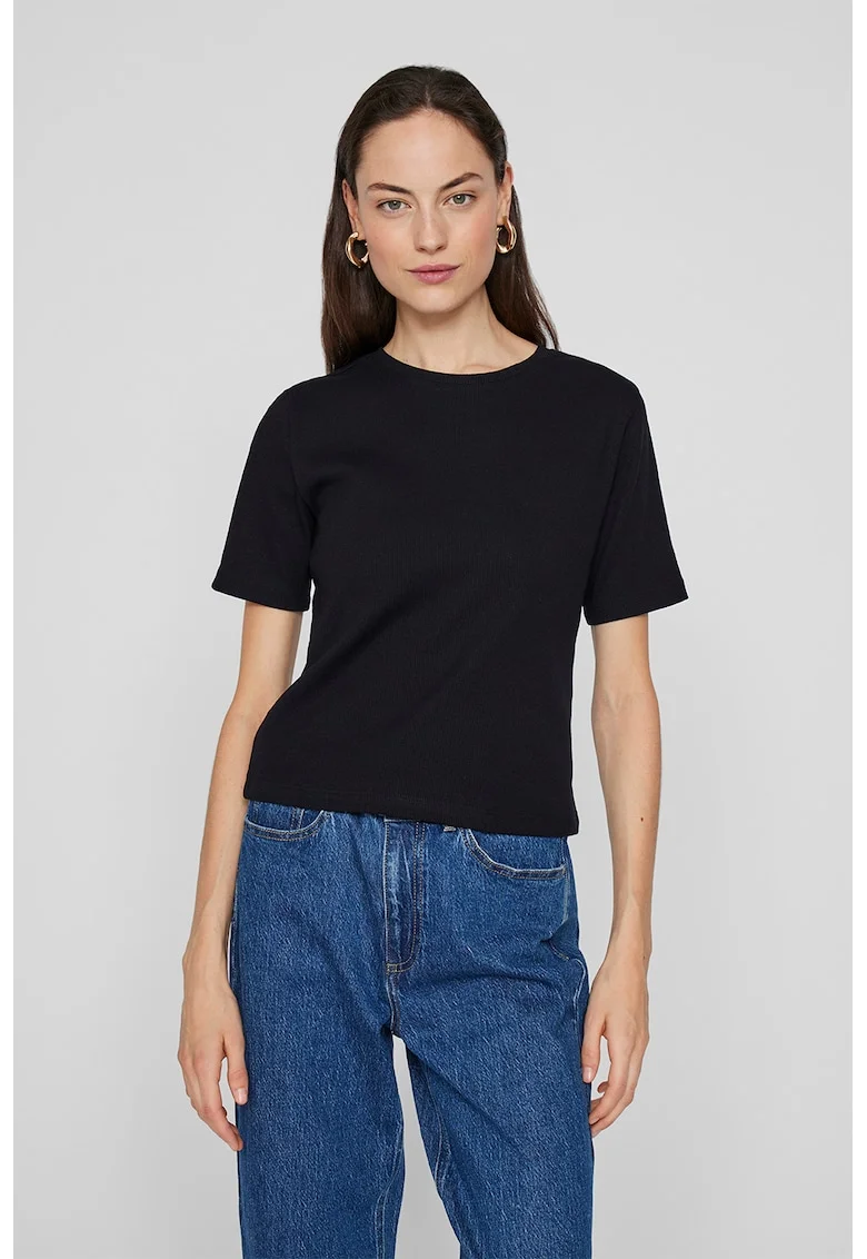 Tricou striat cu decolteu la baza gatului, Negru
