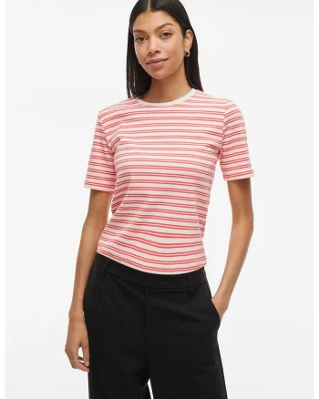 Tricou striat cu decolteu la baza gatului, Alb/Coral