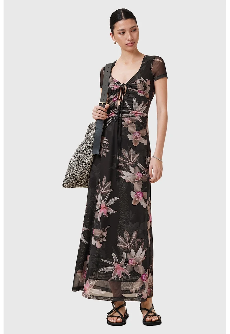 Rochie evazata cu model floral, Negru/Maro taupe