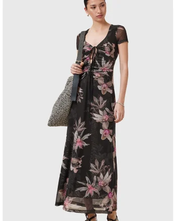 Rochie evazata cu model floral, Negru/Maro taupe