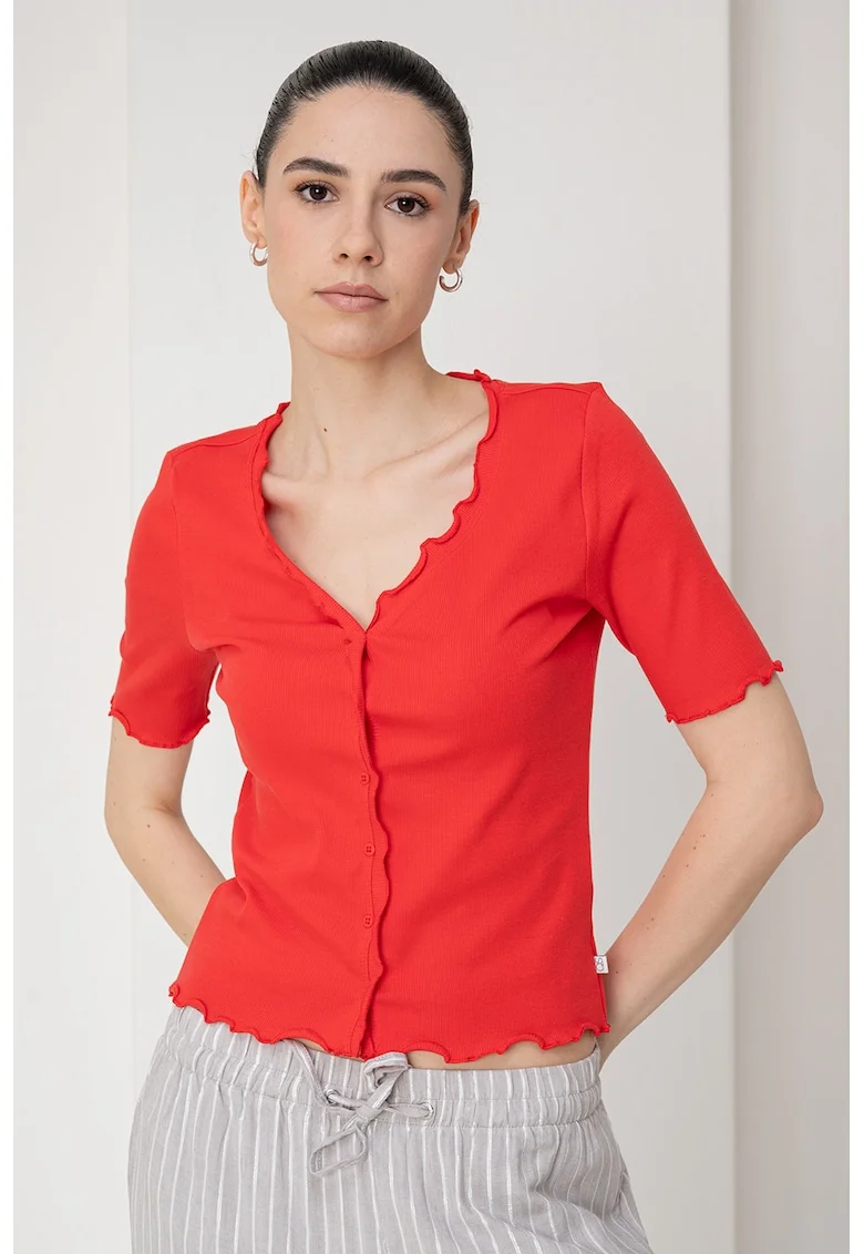 Bluza crop cu maneci scurte si terminatii valurite, Coral