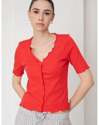 Bluza crop cu maneci scurte si terminatii valurite, Coral