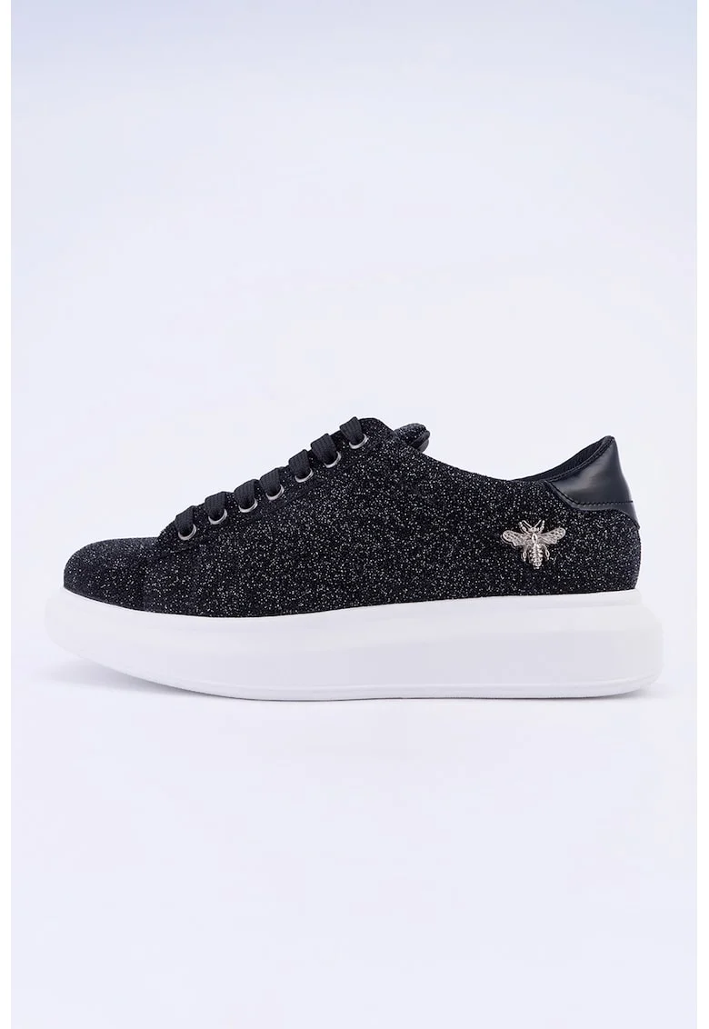 Pantofi sport cu talpa wedge, Negru/Argintiu