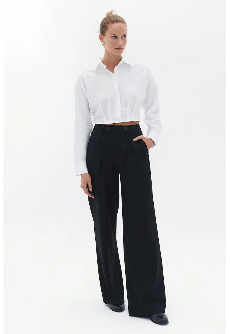Pantaloni cu talie inalta si pliuri, Negru