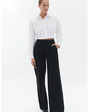 Pantaloni cu talie inalta si pliuri, Negru