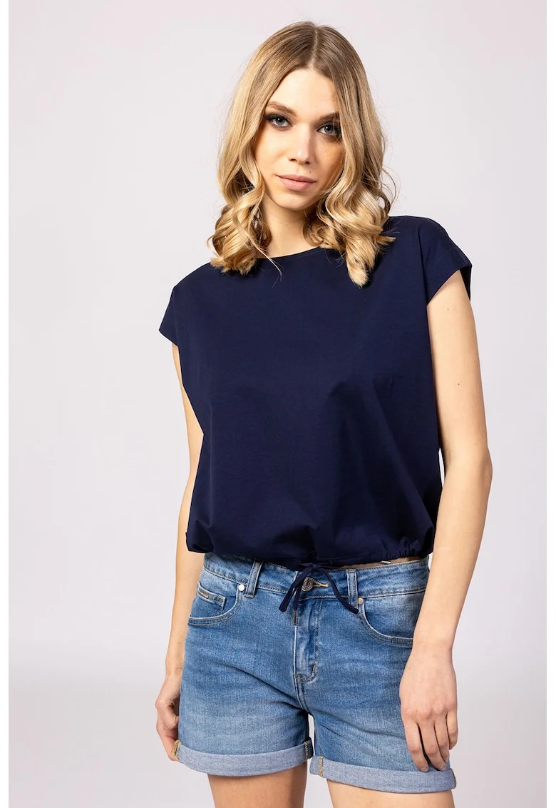 Tricou din bumbac cu decolteu rotund si terminatie ajustabila Morven, Bleumarin