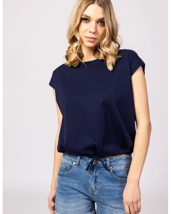 Tricou din bumbac cu decolteu rotund si terminatie ajustabila Morven, Bleumarin