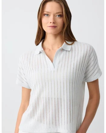 Tricou polo cu dungi stralucitoare, Alb murdar/Transparent