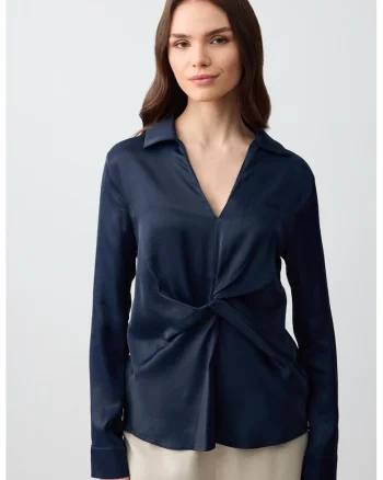 Bluza din satin cu detaliu nod, Albastru ultramarin
