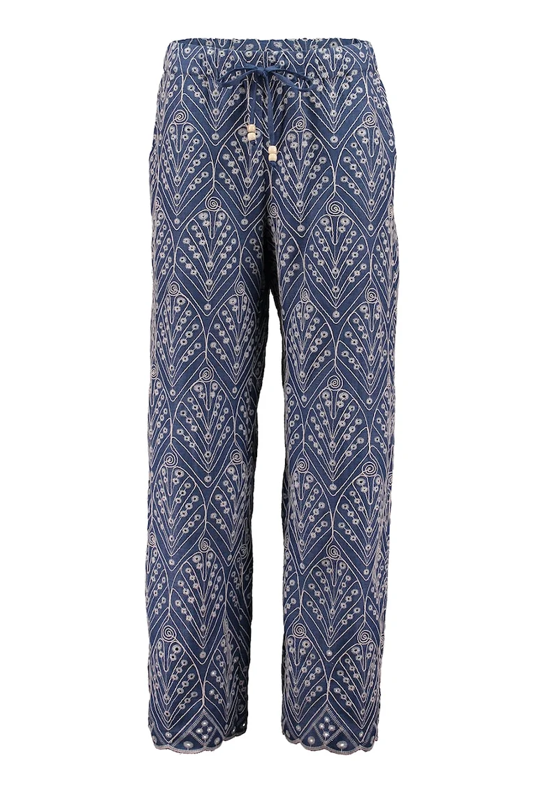 Pantaloni cu imprimeu si snur, Albastru prafuit/Bej deschis