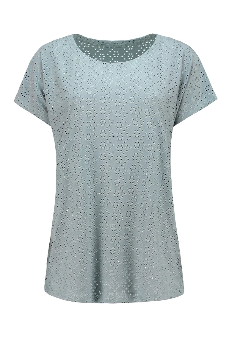 Tricou cu decolteu rotund si broderie, Verde feriga