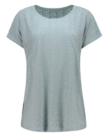 Tricou cu decolteu rotund si broderie, Verde feriga