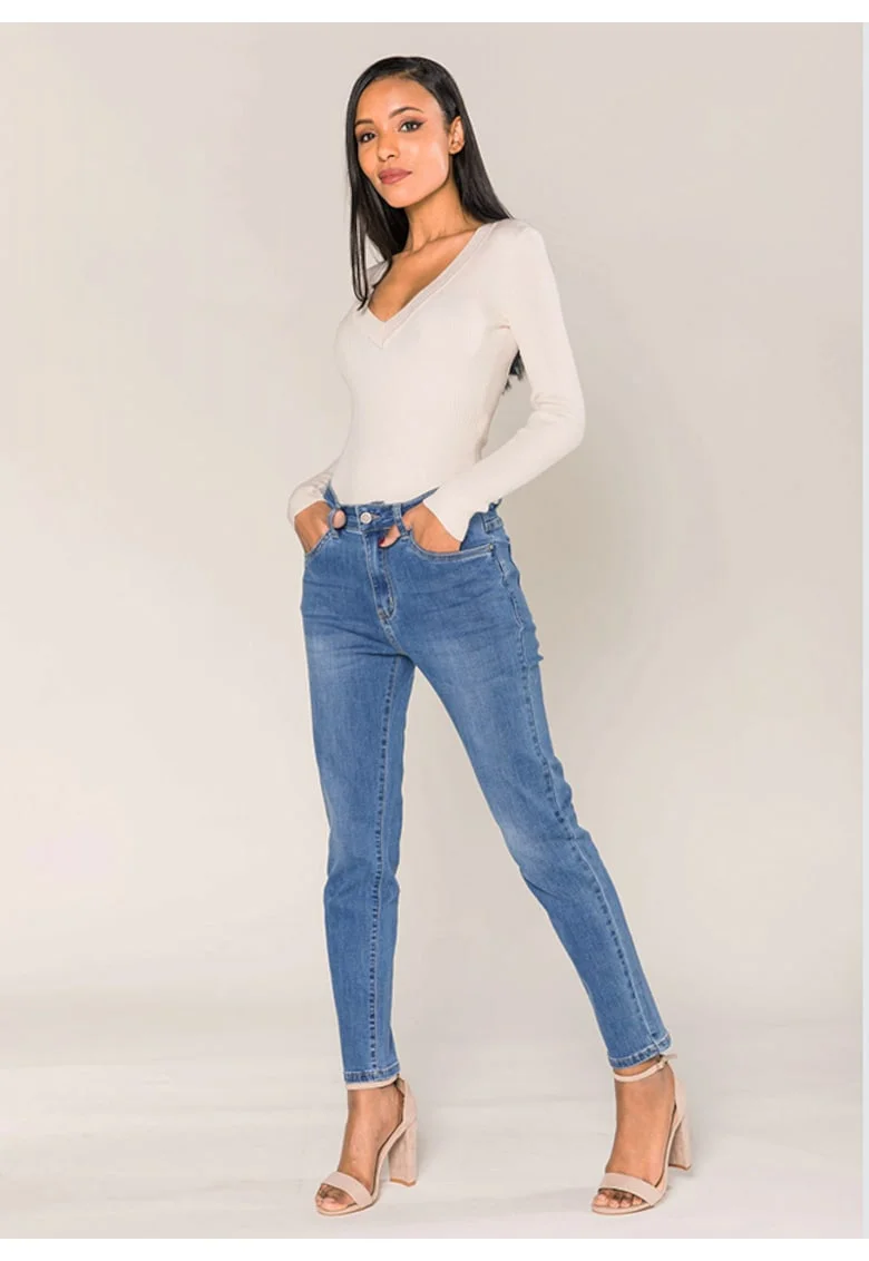 Blugi dama mom fit  albastru inchis P189-5 M7 17156, Albastru inchis