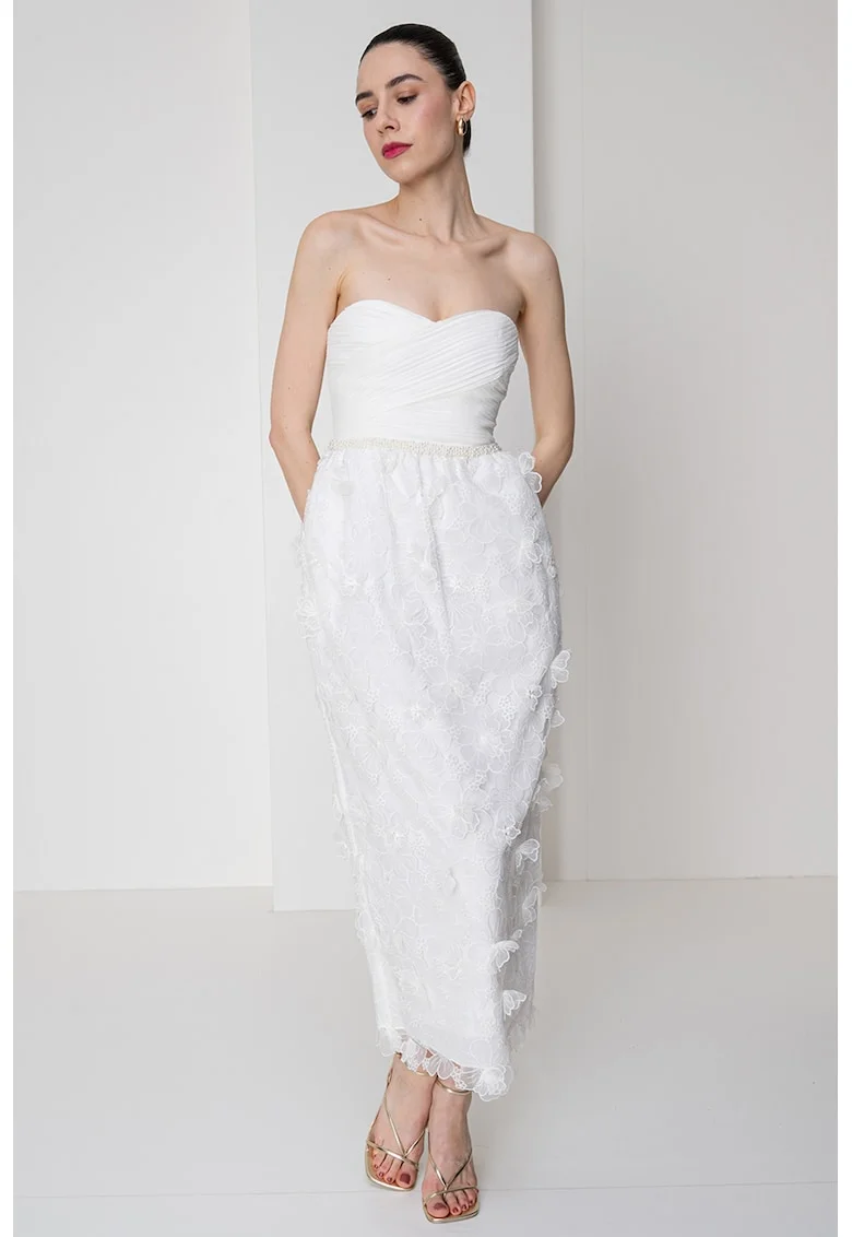 Rochie cu broderie si margele, fara maneci, Alb