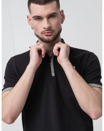 Tricou polo slim fit cu logo, Negru/Grej