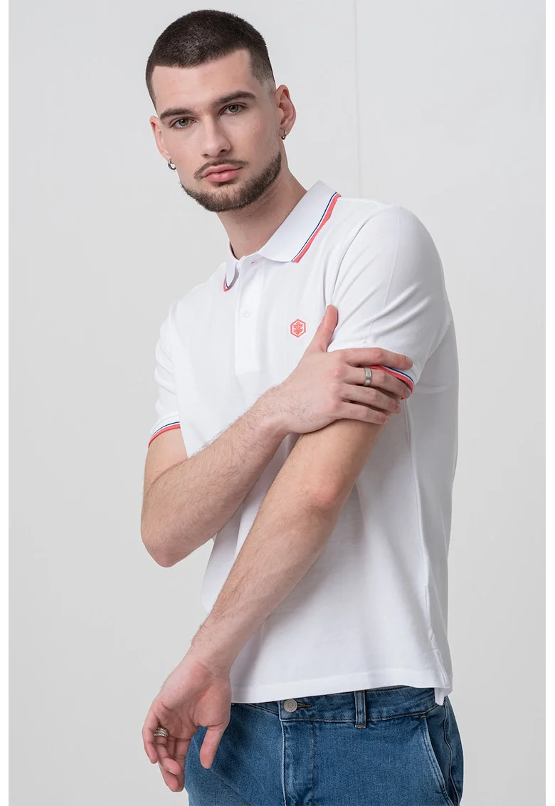 Tricou polo din material pique si logo discret, Alb/Roz deschis/Albastru royal
