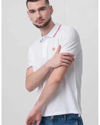Tricou polo din material pique si logo discret, Alb/Roz deschis/Albastru royal