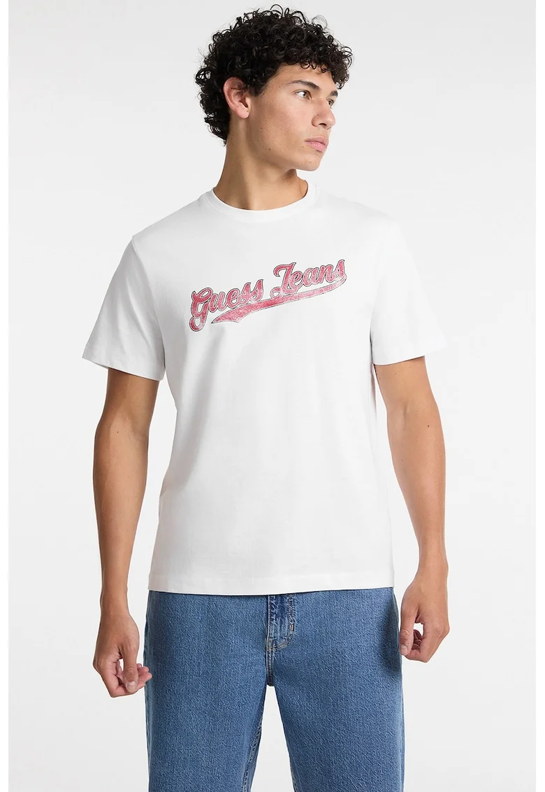 Tricou de bumbac cu decolteu la baza gatului, Rosu stins/Alb optic