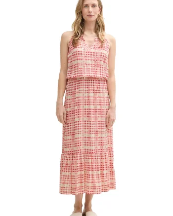 Rochie cu model, fara maneci, Rosu/Alb