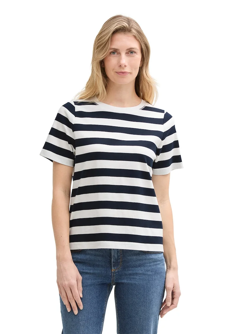 Tricou din amestec de bumbac organic cu model in dungi, Alb/Bleumarin