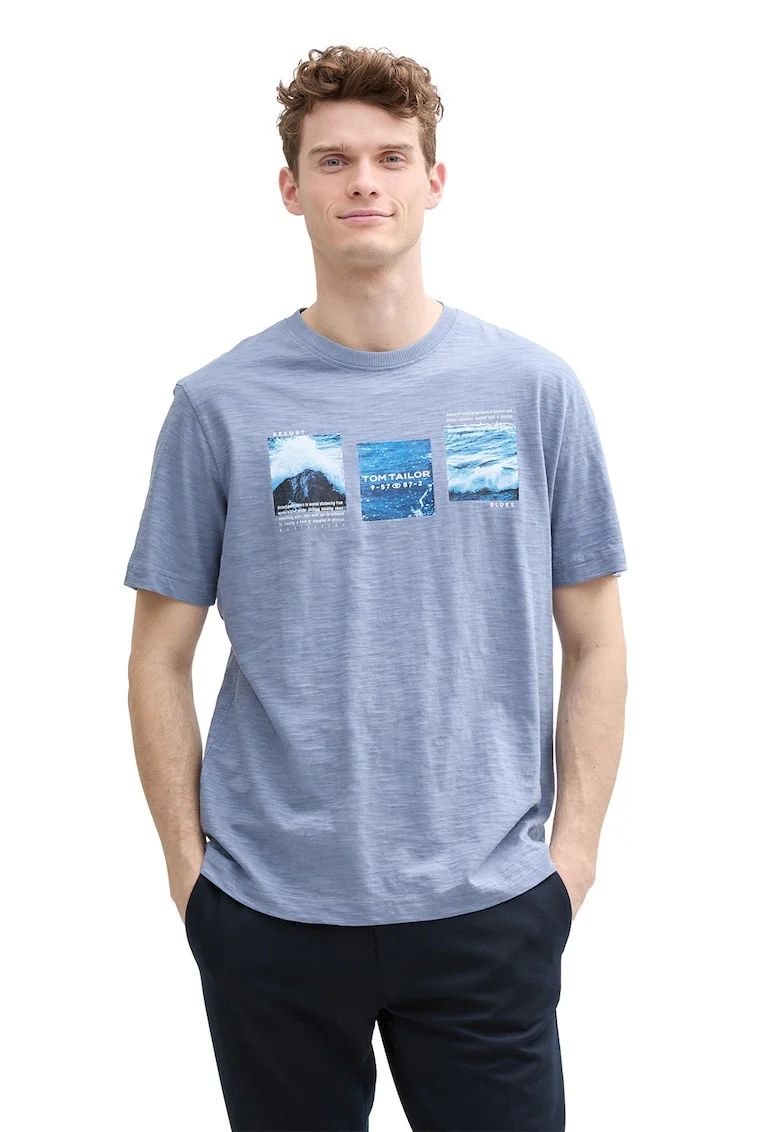 Tricou din bumbac cu imprimeu, Albastru deschis melange