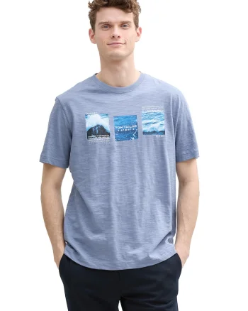 Tricou din bumbac cu imprimeu, Albastru deschis melange