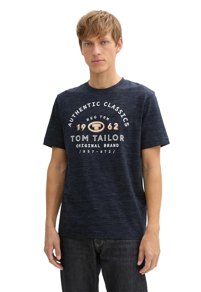 Tricou cu imprimeu logo si decolteu la baza gatului, Albastru ultramarin