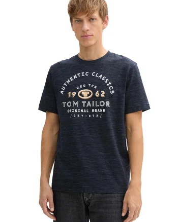 Tricou cu imprimeu logo si decolteu la baza gatului, Albastru ultramarin
