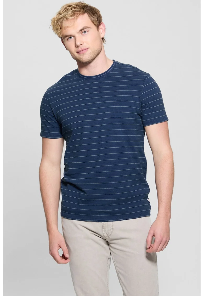 Tricou cu dungi si decolteu la baza gatului, Albastru inchis/Alb murdar