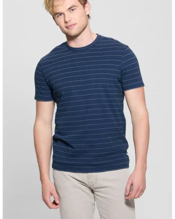Tricou cu dungi si decolteu la baza gatului, Albastru inchis/Alb murdar