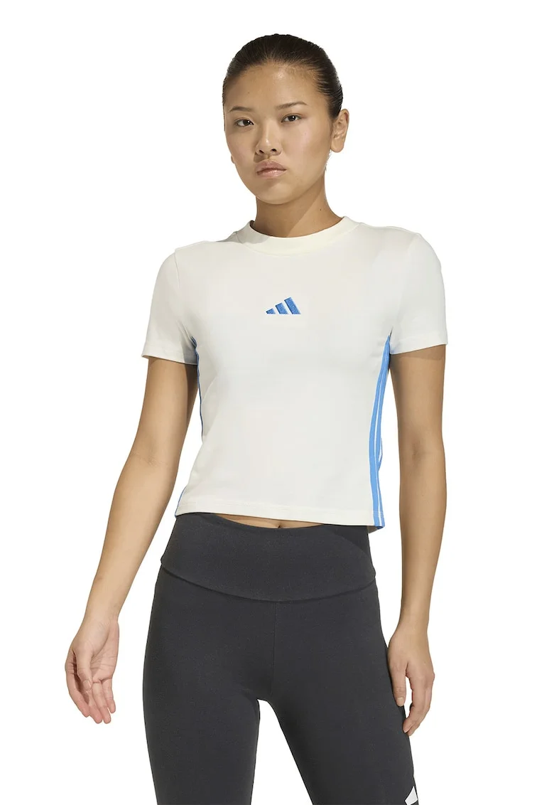 Tricou crop cu croiala slim-fit Essentials, Alb/Turcoaz