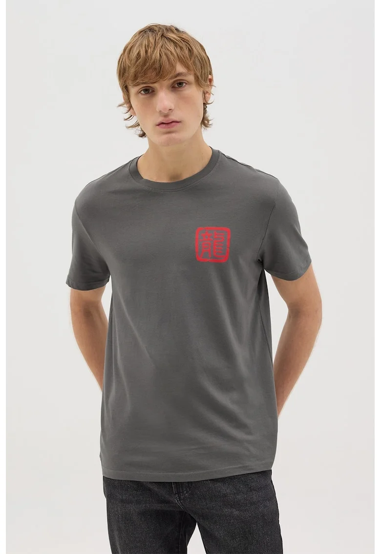 Tricou cu decolteu la baza gatului si model grafic pe spate, Gri inchis