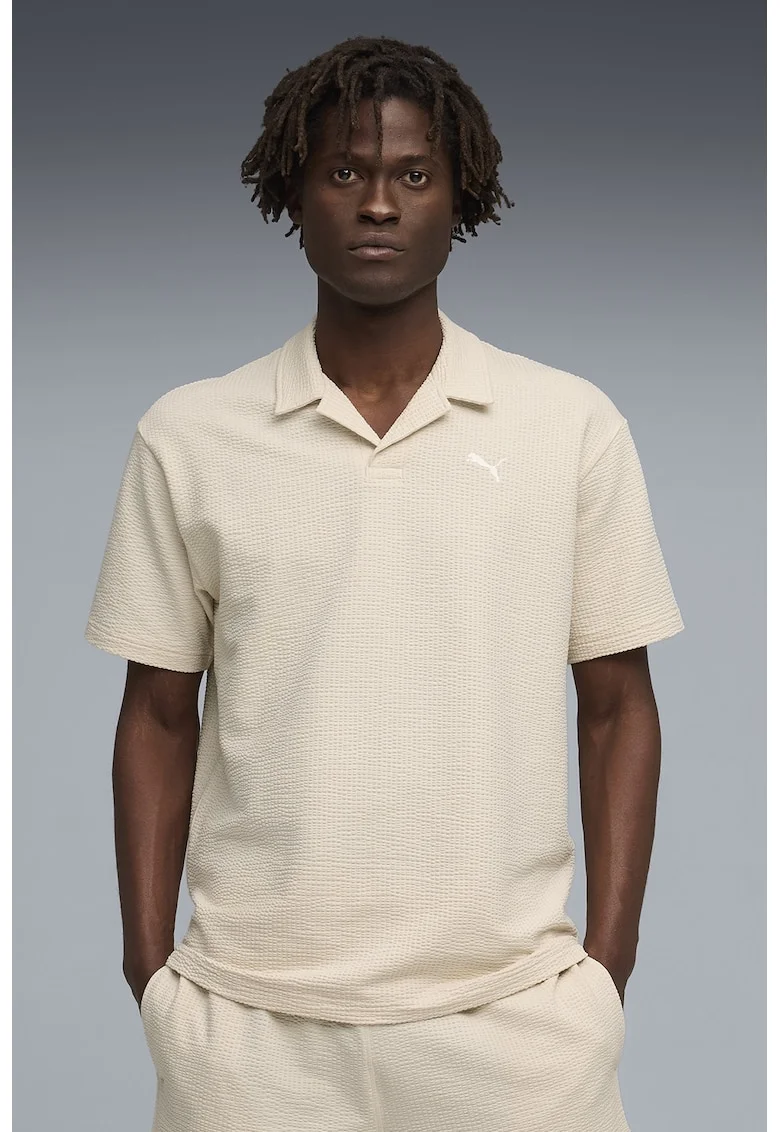 Tricou polo striat cu logo brodat ESS Elevated, Alb murdar