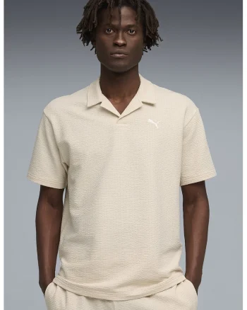 Tricou polo striat cu logo brodat ESS Elevated, Alb murdar