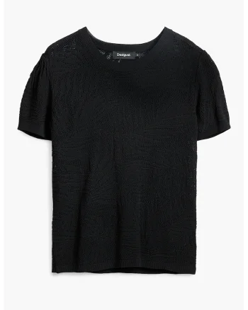 Tricou cu decolteu la baza gatului si model, Negru