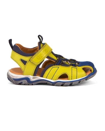 Sandale din piele cu model colorblock, Galben sofran/Albastru